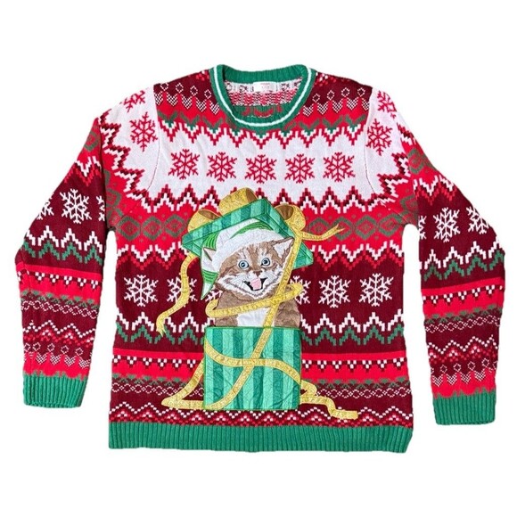 Holiday Time Men’s Kitty Cat In Box Ugly Christmas Sweater Size XL (46/48) - Picture 1 of 5